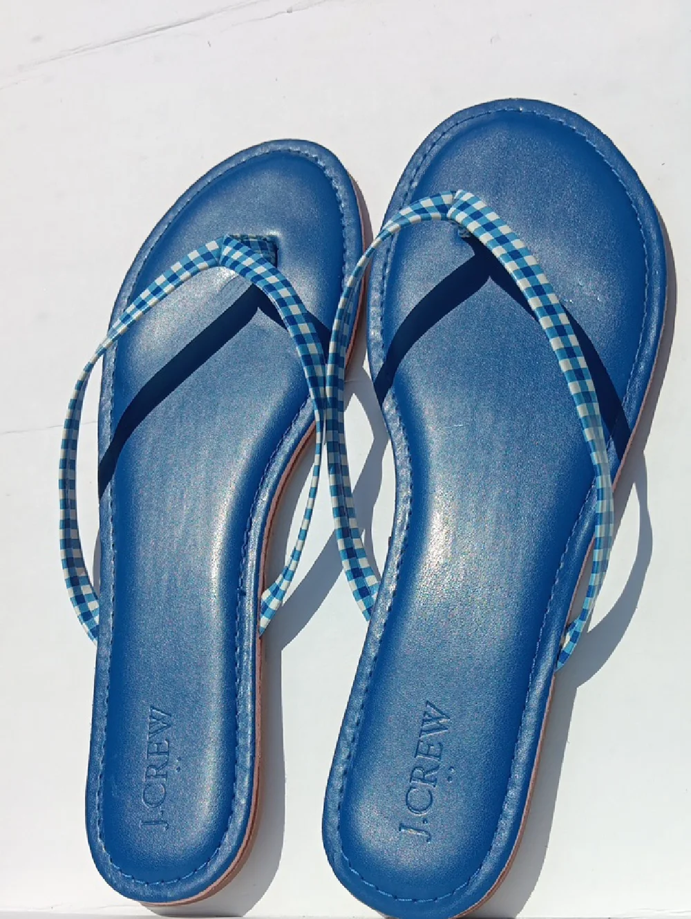 J. Crew Cobalt Blue Leather Flip Flops with Blue Gingham Straps